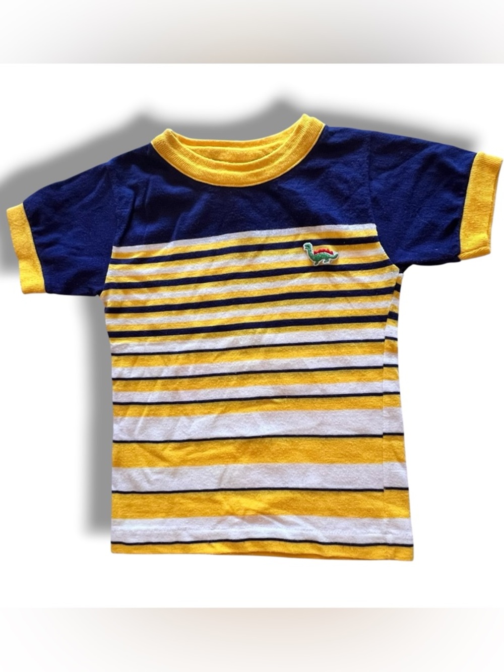 Kids Vtg 80s Yellow Blue White Striped Donmoor T shirt  Dino Sz 5 Single Stitch